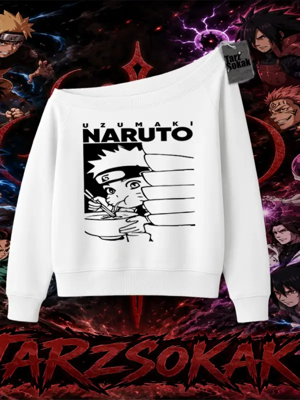 Naruto Uzumaki Premium Anime Kadın Kayık Yaka Sweatshirt Beyaz