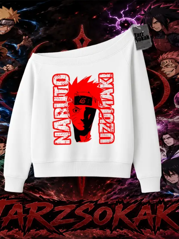Naruto Uzumaki Premium Anime Kadın Kayık Yaka Sweatshirt Beyaz