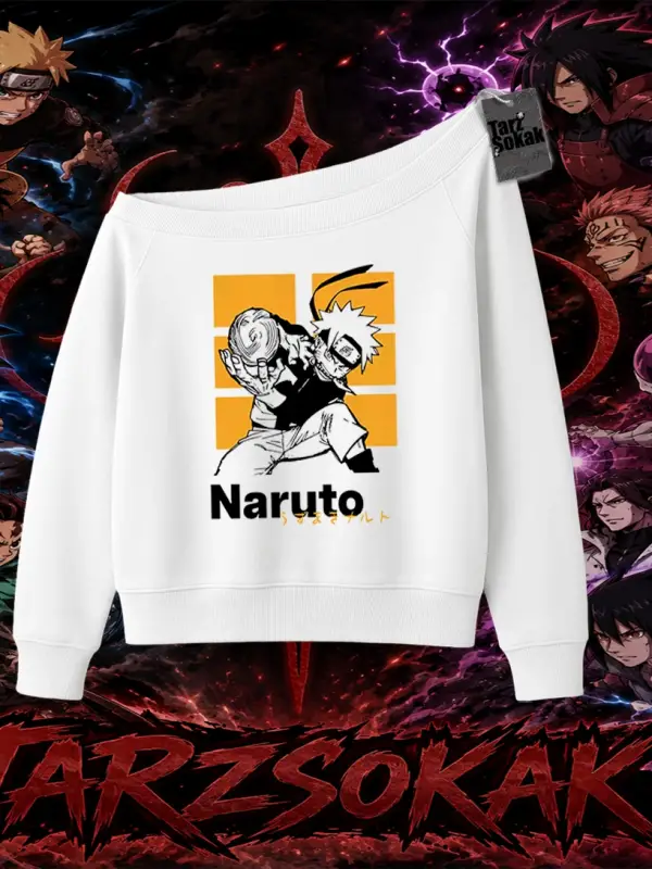 Naruto Uzumaki Premium Anime Kadın Kayık Yaka Sweatshirt Beyaz