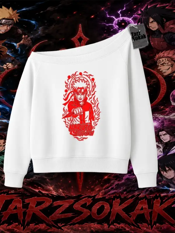 Naruto Uzumaki Premium Anime Kadın Kayık Yaka Sweatshirt Beyaz