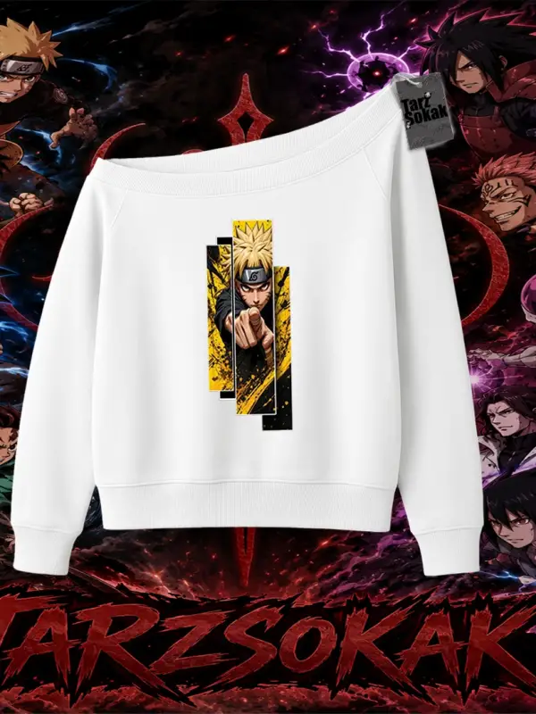 Naruto Uzumaki Premium Anime Kadın Kayık Yaka Sweatshirt Beyaz