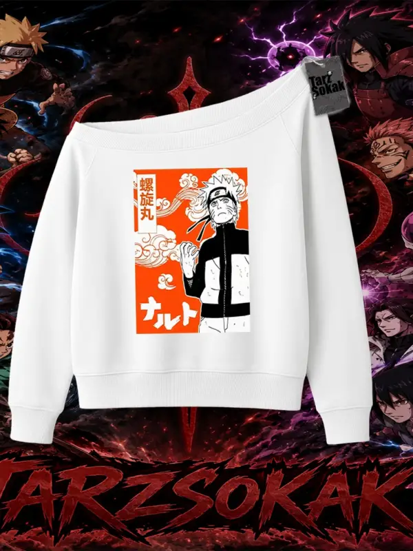 Naruto Uzumaki Premium Anime Kadın Kayık Yaka Sweatshirt Beyaz