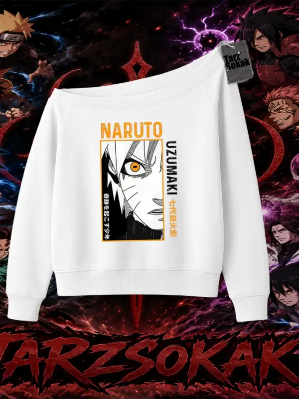 Naruto Uzumaki Premium Anime Kadın Kayık Yaka Sweatshirt Beyaz