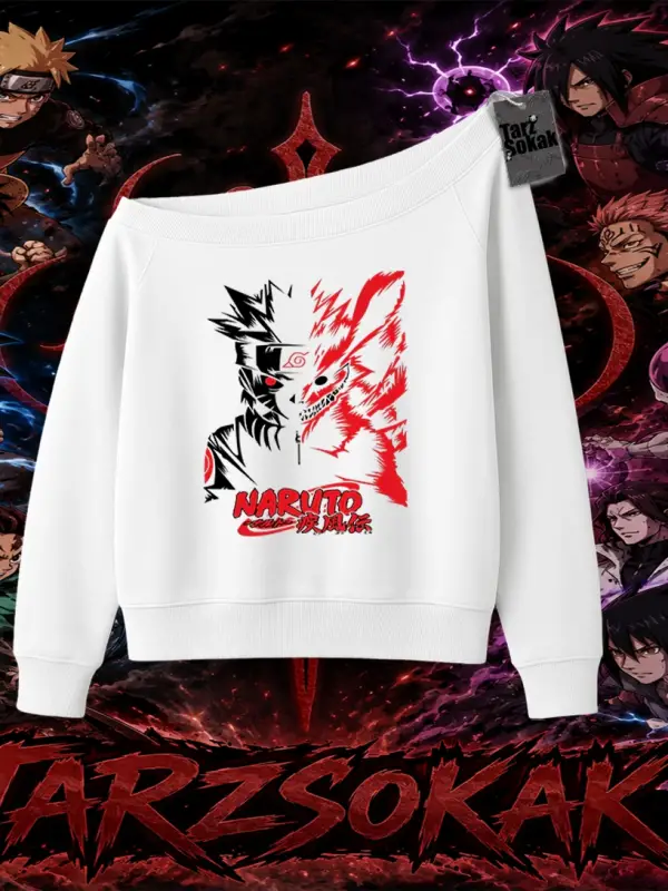 Naruto Uzumaki Premium Anime Kadın Kayık Yaka Sweatshirt Beyaz