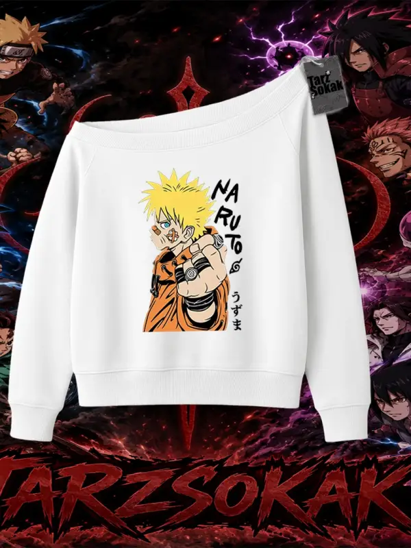 Naruto Uzumaki Premium Anime Kadın Kayık Yaka Sweatshirt Beyaz