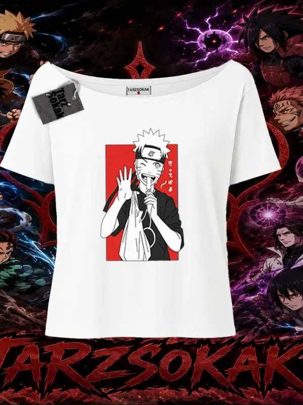 Naruto Uzumaki Premium Anime Kadın Kayık Yaka Tişört Beyaz