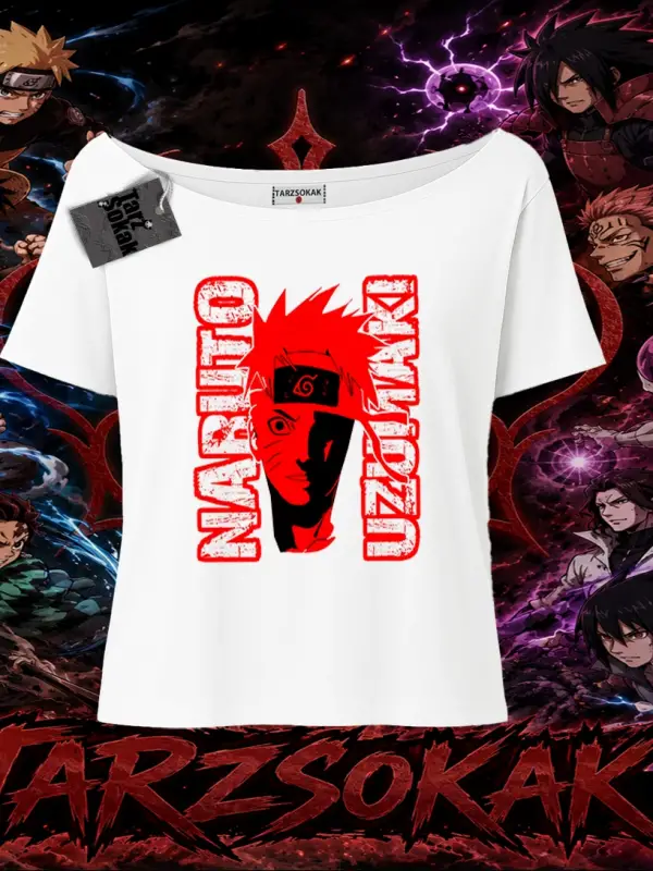 Naruto Uzumaki Premium Anime Kadın Kayık Yaka Tişört Beyaz