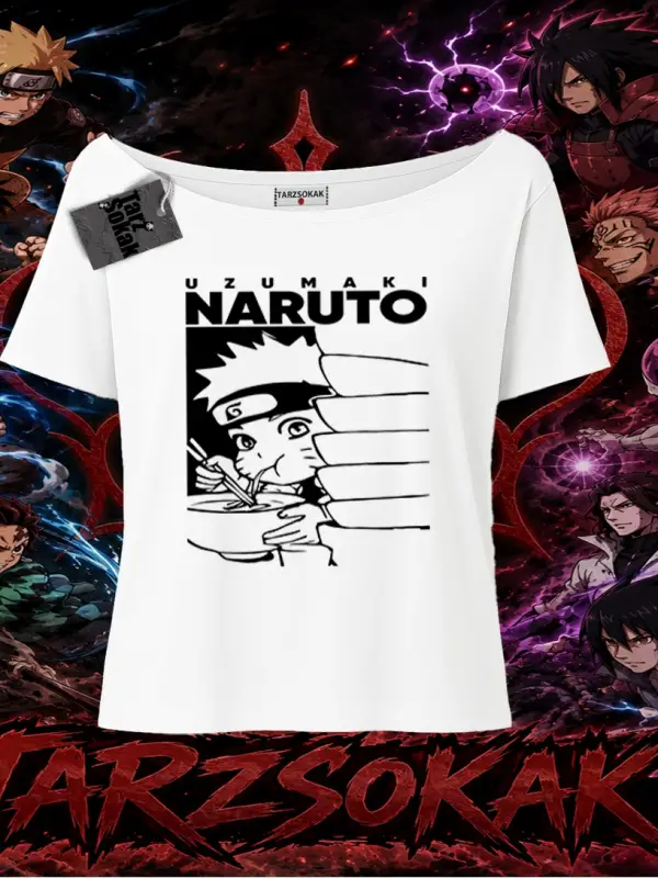 Naruto Uzumaki Premium Anime Kadın Kayık Yaka Tişört Beyaz