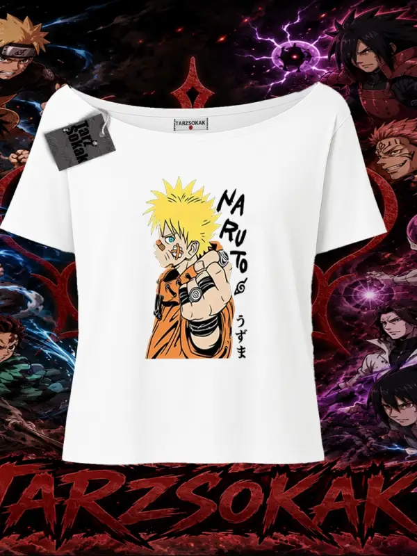 Naruto Uzumaki Premium Anime Kadın Kayık Yaka Tişört Beyaz