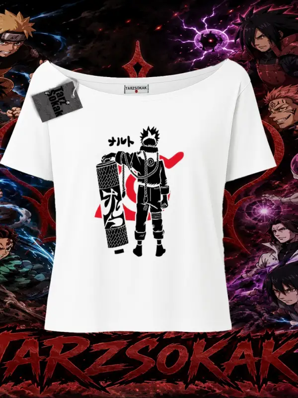 Naruto Uzumaki Premium Anime Kadın Kayık Yaka Tişört Beyaz