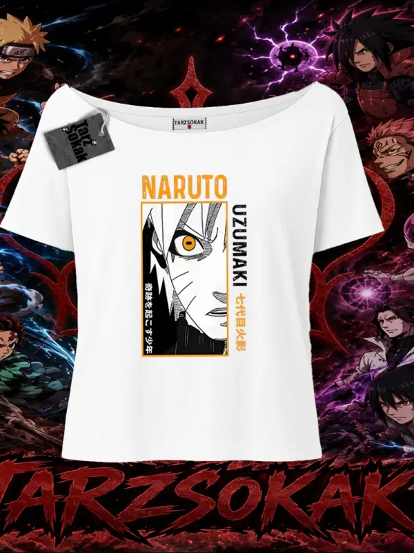 Naruto Uzumaki Premium Anime Kadın Kayık Yaka Tişört Beyaz