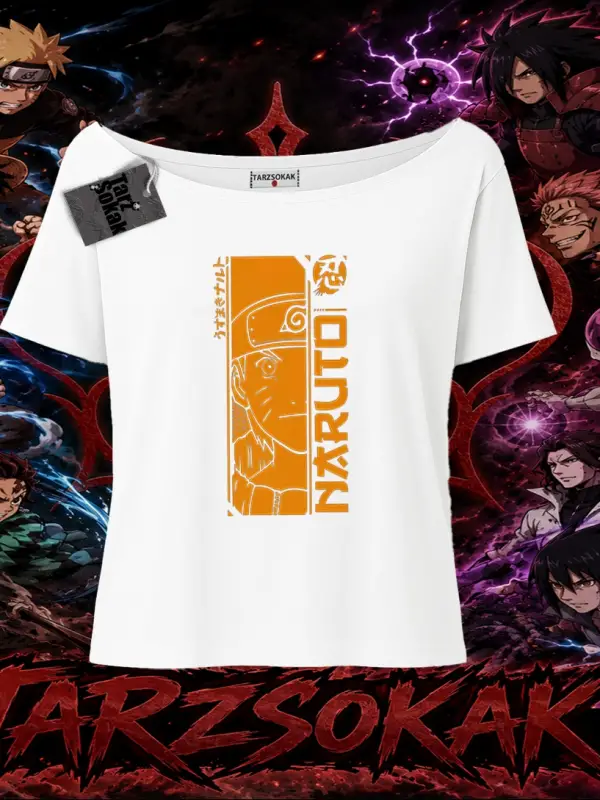 Naruto Uzumaki Premium Anime Kadın Kayık Yaka Tişört Beyaz