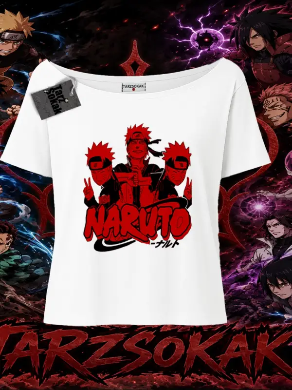 Naruto Uzumaki Premium Anime Kadın Kayık Yaka Tişört Beyaz