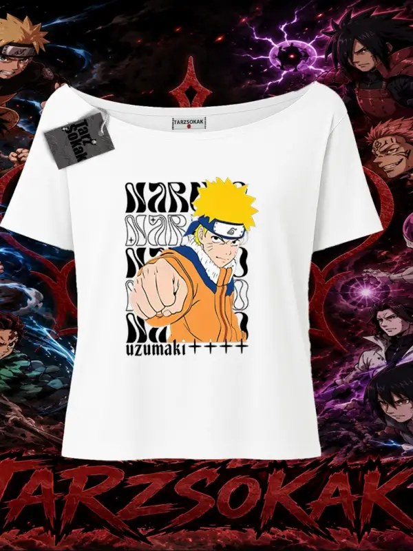 Naruto Uzumaki Premium Anime Kadın Kayık Yaka Tişört Beyaz