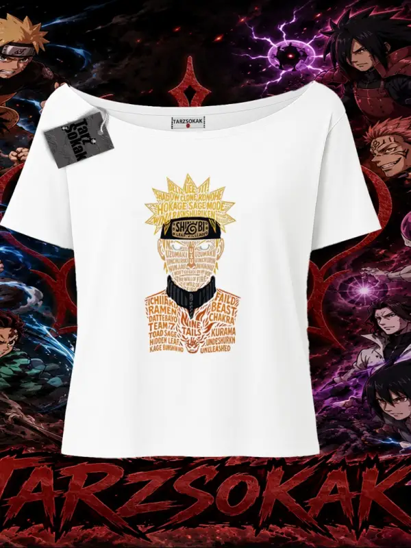 Naruto Uzumaki Premium Anime Kadın Kayık Yaka Tişört Beyaz