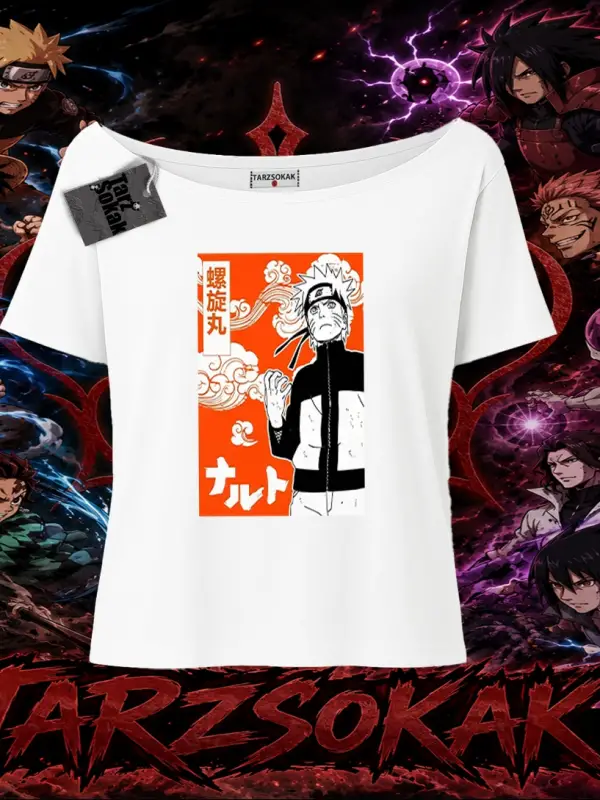 Naruto Uzumaki Premium Anime Kadın Kayık Yaka Tişört Beyaz