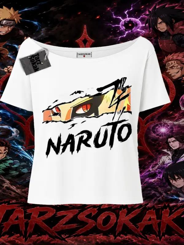 Naruto Uzumaki Premium Anime Kadın Kayık Yaka Tişört Beyaz
