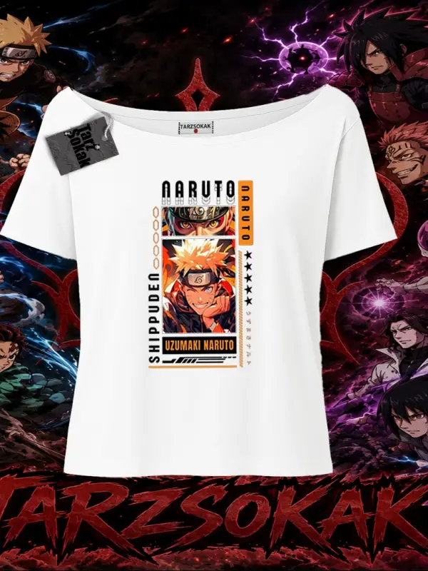 Naruto Uzumaki Premium Anime Kadın Kayık Yaka Tişört Beyaz