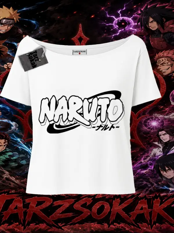 Naruto Uzumaki Premium Anime Kadın Kayık Yaka Tişört Beyaz