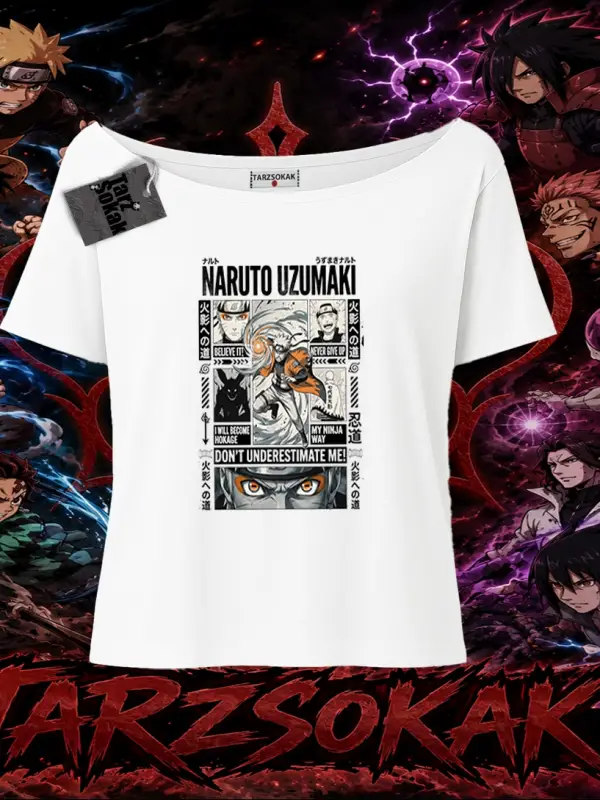 Naruto Uzumaki Premium Anime Kadın Kayık Yaka Tişört Beyaz