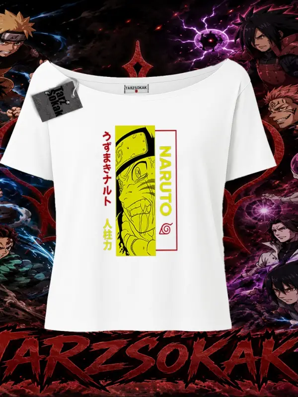 Naruto Uzumaki Premium Anime Kadın Kayık Yaka Tişört Beyaz