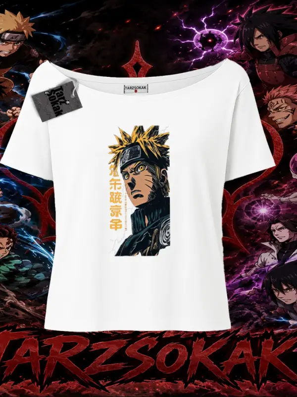 Naruto Uzumaki Premium Anime Kadın Kayık Yaka Tişört Beyaz