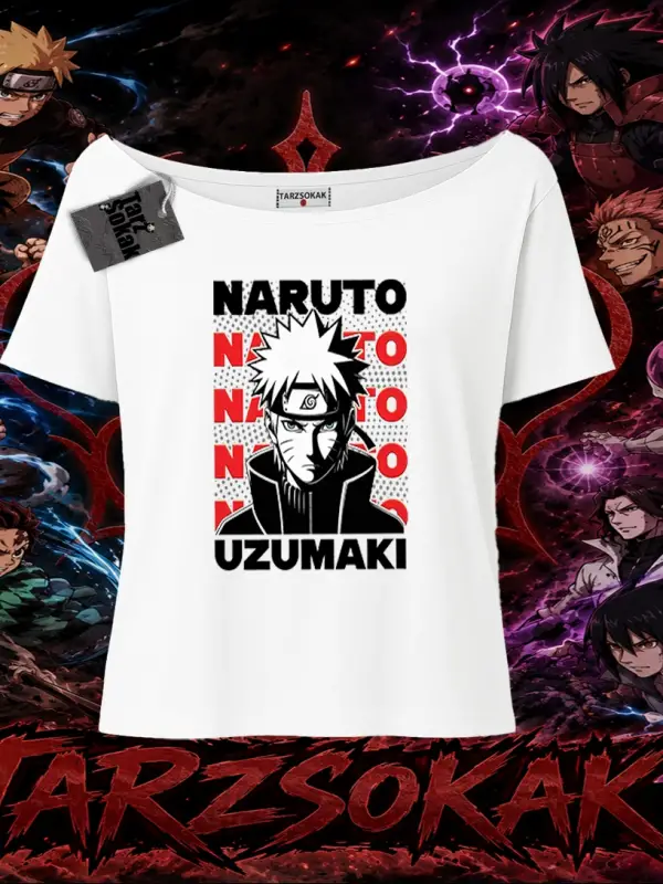 Naruto Uzumaki Premium Anime Kadın Kayık Yaka Tişört Beyaz