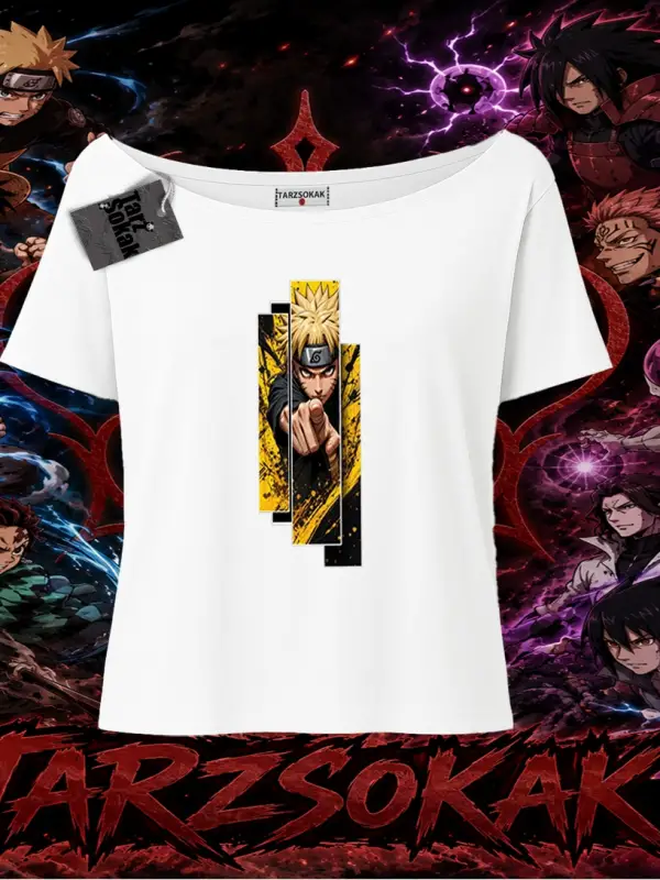 Naruto Uzumaki Premium Anime Kadın Kayık Yaka Tişört Beyaz