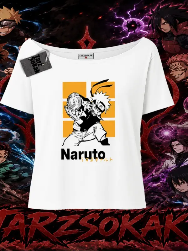 Naruto Uzumaki Premium Anime Kadın Kayık Yaka Tişört Beyaz