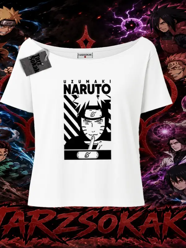 Naruto Uzumaki Premium Anime Kadın Kayık Yaka Tişört Beyaz