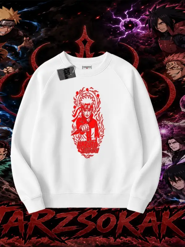 Naruto Uzumaki Premium Anime Oversize Unisex Bisiklet Yaka Sweatshirt Beyaz