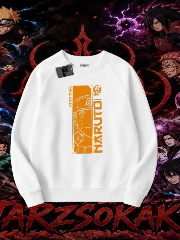 Naruto Uzumaki Premium Anime Oversize Unisex Bisiklet Yaka Sweatshirt Beyaz