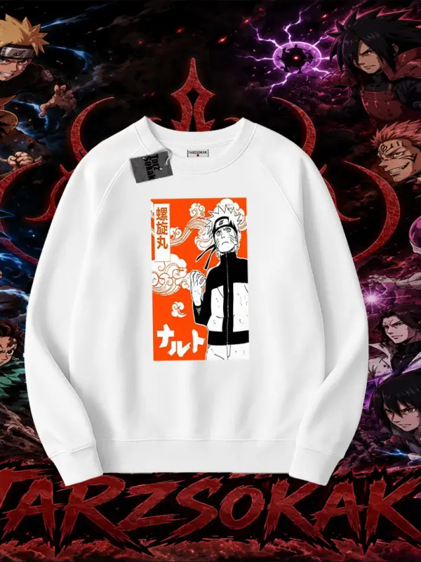 Naruto Uzumaki Premium Anime Oversize Unisex Bisiklet Yaka Sweatshirt Beyaz