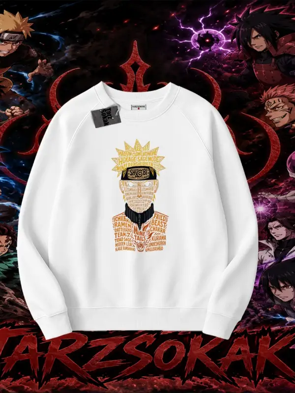Naruto Uzumaki Premium Anime Oversize Unisex Bisiklet Yaka Sweatshirt Beyaz