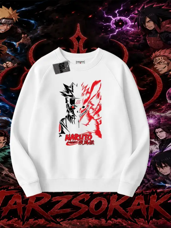 Naruto Uzumaki Premium Anime Oversize Unisex Bisiklet Yaka Sweatshirt Beyaz