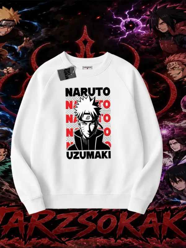 Naruto Uzumaki Premium Anime Oversize Unisex Bisiklet Yaka Sweatshirt Beyaz