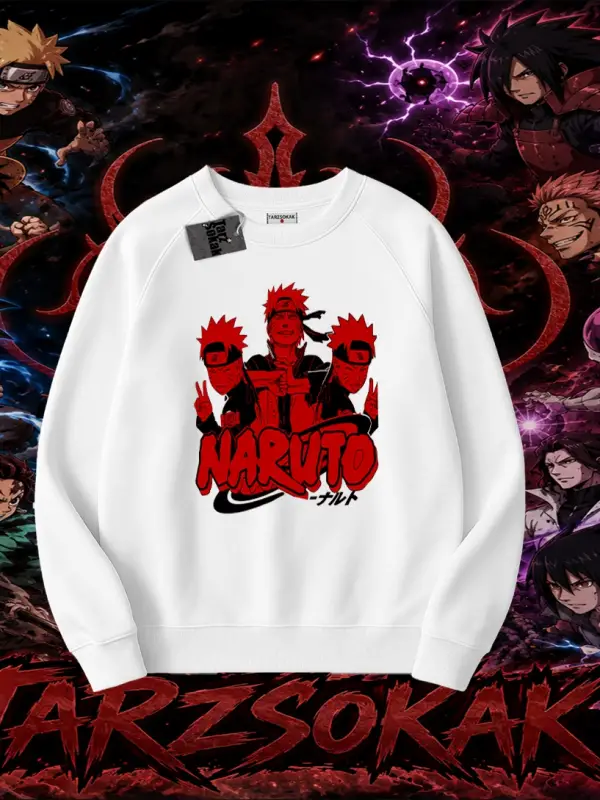 Naruto Uzumaki Premium Anime Oversize Unisex Bisiklet Yaka Sweatshirt Beyaz