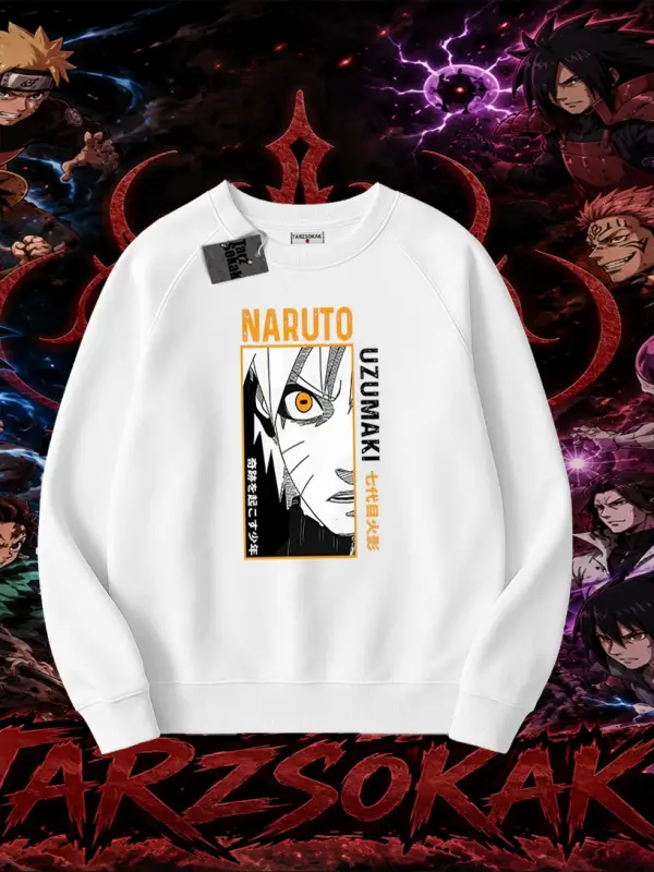 Naruto Uzumaki Premium Anime Oversize Unisex Bisiklet Yaka Sweatshirt Beyaz
