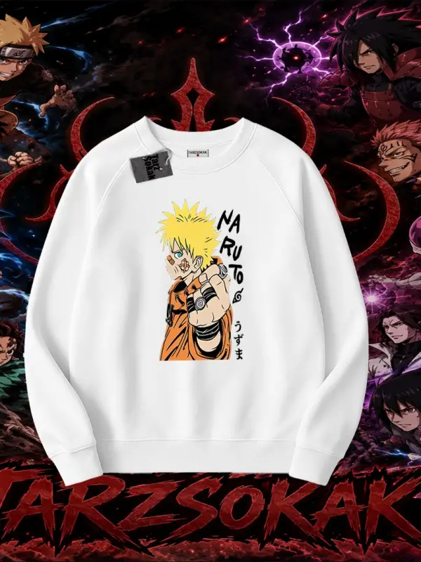 Naruto Uzumaki Premium Anime Oversize Unisex Bisiklet Yaka Sweatshirt Beyaz