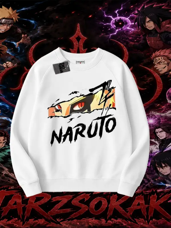 Naruto Uzumaki Premium Anime Oversize Unisex Bisiklet Yaka Sweatshirt Beyaz