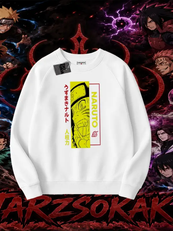 Naruto Uzumaki Premium Anime Oversize Unisex Bisiklet Yaka Sweatshirt Beyaz