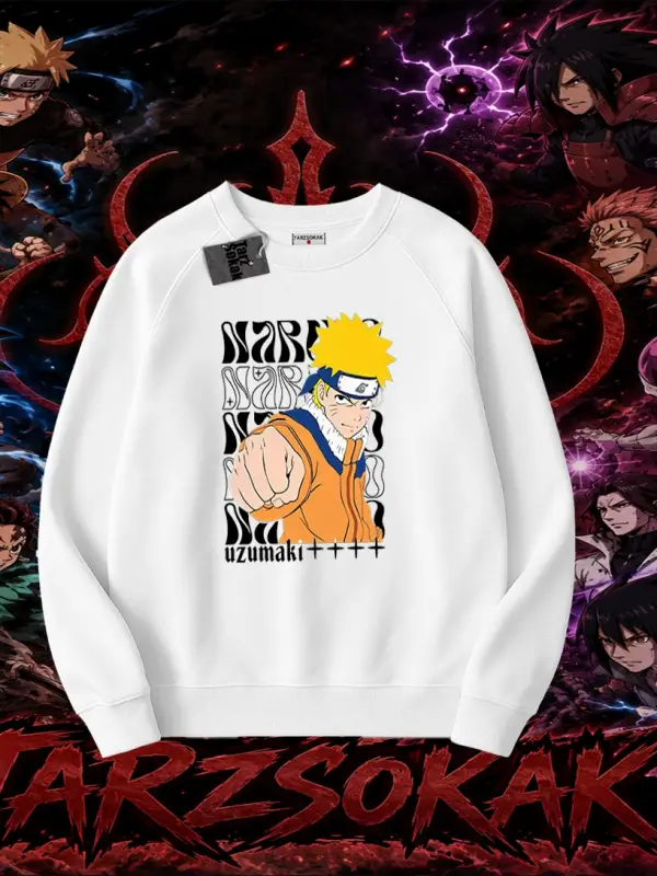 Naruto Uzumaki Premium Anime Oversize Unisex Bisiklet Yaka Sweatshirt Beyaz