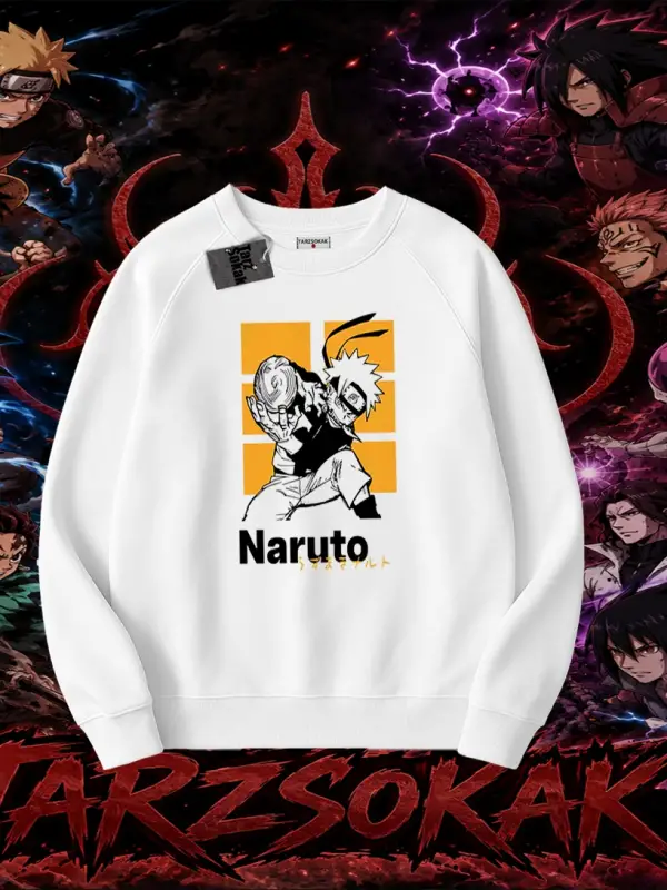 Naruto Uzumaki Premium Anime Oversize Unisex Bisiklet Yaka Sweatshirt Beyaz