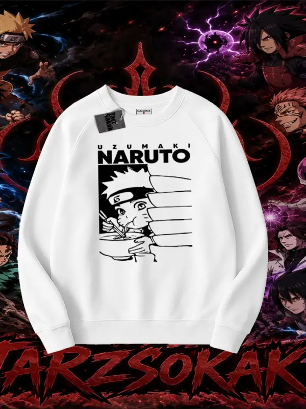 Naruto Uzumaki Premium Anime Oversize Unisex Bisiklet Yaka Sweatshirt Beyaz