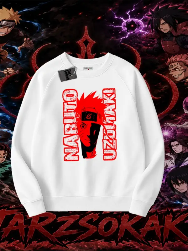 Naruto Uzumaki Premium Anime Oversize Unisex Bisiklet Yaka Sweatshirt Beyaz