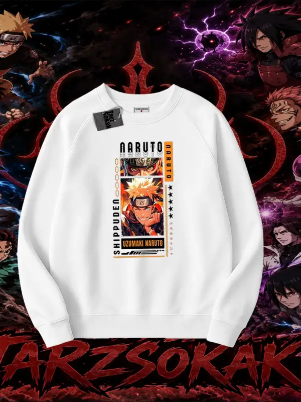Naruto Uzumaki Premium Anime Oversize Unisex Bisiklet Yaka Sweatshirt Beyaz
