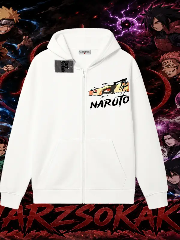 Naruto Uzumaki Premium Anime Oversize Unisex Hırka & Çeket Fermuarlı Sweatshirt Beyaz