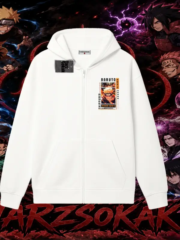 Naruto Uzumaki Premium Anime Oversize Unisex Hırka & Çeket Fermuarlı Sweatshirt Beyaz