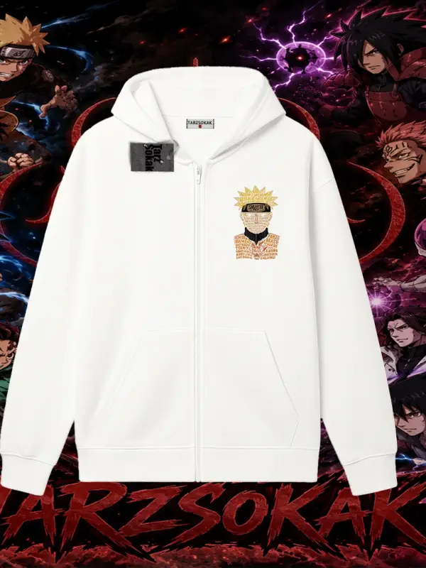 Naruto Uzumaki Premium Anime Oversize Unisex Hırka & Çeket Fermuarlı Sweatshirt Beyaz
