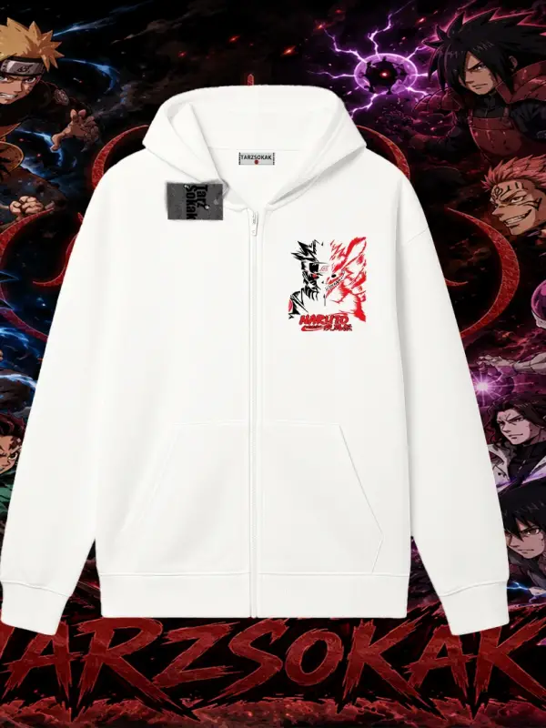 Naruto Uzumaki Premium Anime Oversize Unisex Hırka & Çeket Fermuarlı Sweatshirt Beyaz